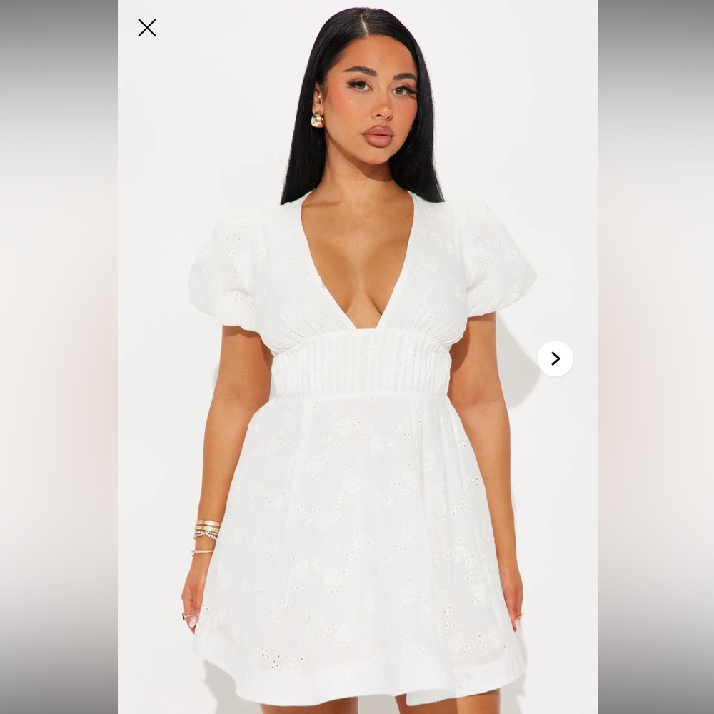 Fashion Nova White Puff Sleeve V-Neck Sundress